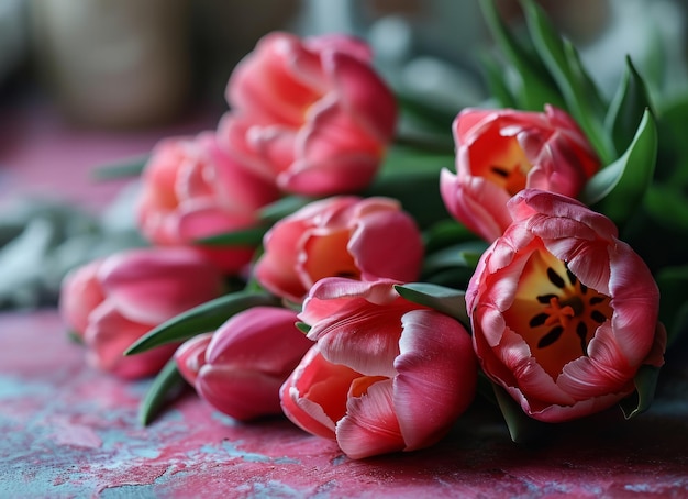 Bouquet de tulipas rosas e brancas na mesa