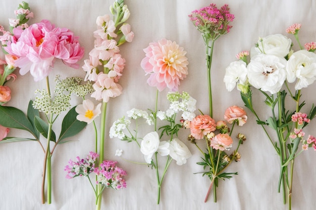 Bouquet de verão Seis flores cor-de-rosa na natureza em mesa branca