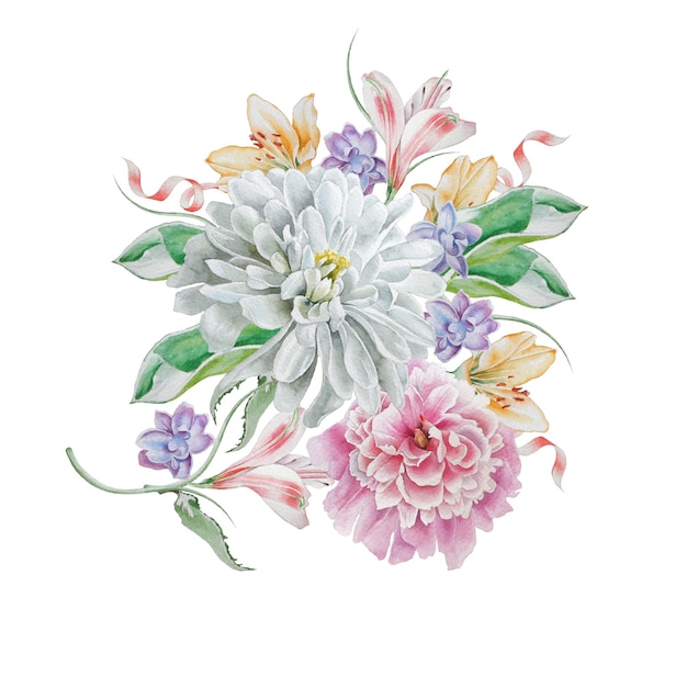 Bouquet em aquarela com flores. crisântemo. peônia. ilustração. desenhado à mão.
