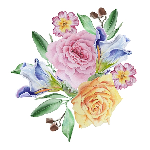 Bouquet em aquarela com flores. Rosa. Iris .. Primula. Ilustração em aquarela. Desenhado à mão.