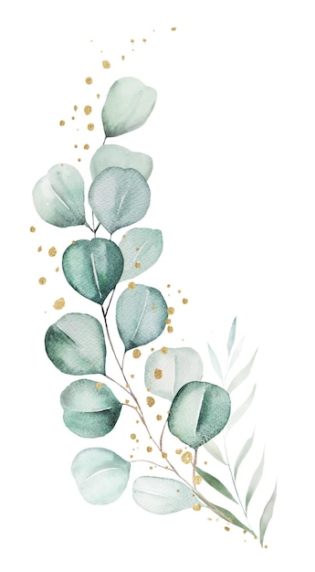 Bouquet feito de eucalipto aquarela verde e dourado deixa ilustração de casamento