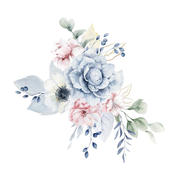 Bouquet floral de aquarela Flores e galhos rosa-azul empoeirados Flor de flor de inverno