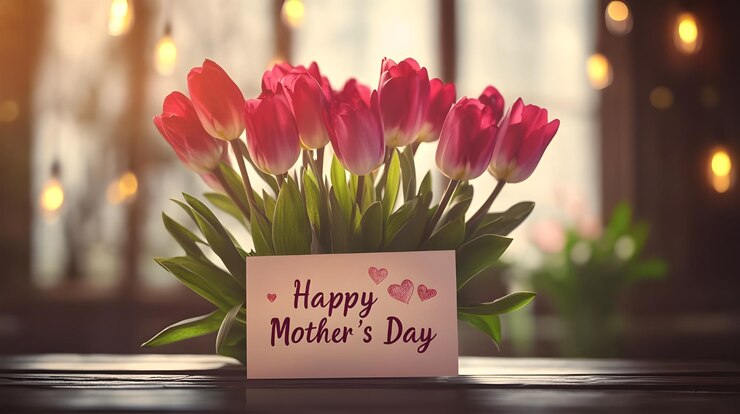 Bouquet de flores para el Día de la Madre con tarjeta de felicitación