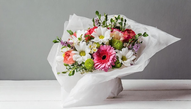 Bouquet fresco e exuberante de flores coloridas em papel de tecido branco, saudação de férias, elemento floral