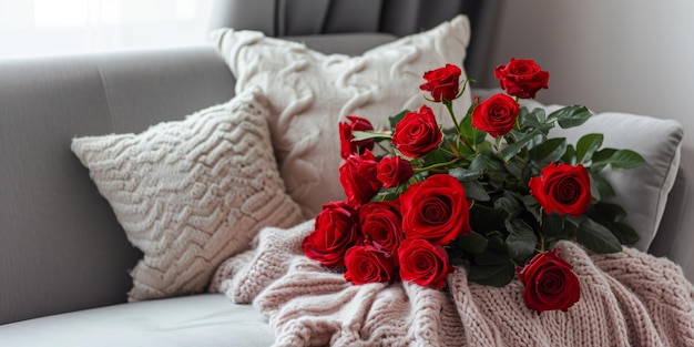 Bouquet mit roten Rosen auf dem Bett Valentinstag Generative KI