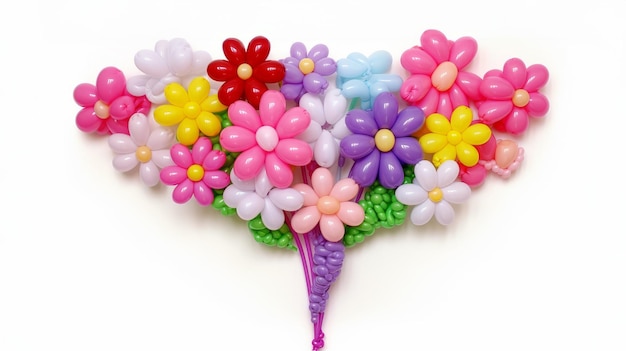 Bouquet multicolor de flores feito de balões isolados em fundo branco Celebração com um