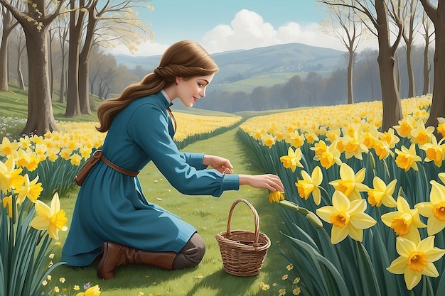Bouquet of Love Personage Picking Daffodils Ilustração