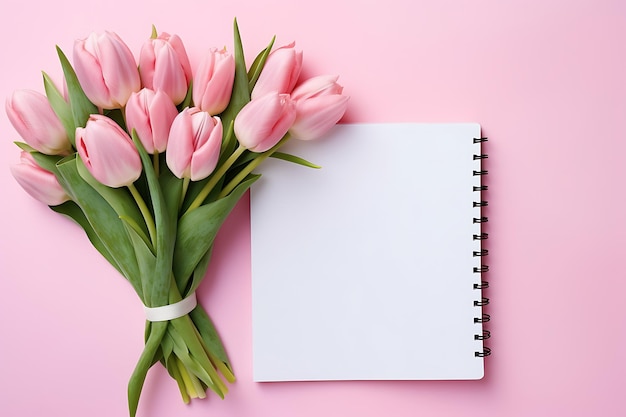 Bouquet realista de tulipas cor-de-rosa no caderno branco