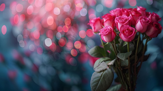 Bouquet romântico de rosas cor-de-rosa com fundo de Bokeh sonhoso