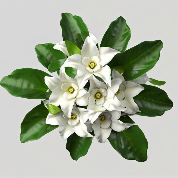 Bouquet von Gardenia cape Jasminblütenpflanze mit isolierten Blättern auf weißem Hintergrund 3D-Rendering