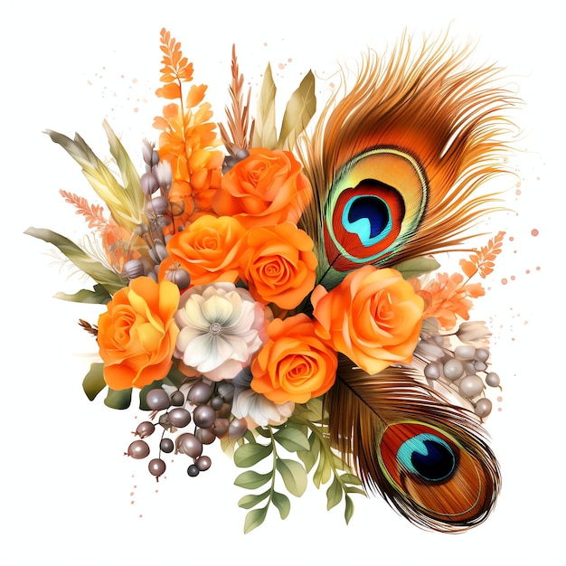 Bouquet von Pfauen, orangefarbene Federn