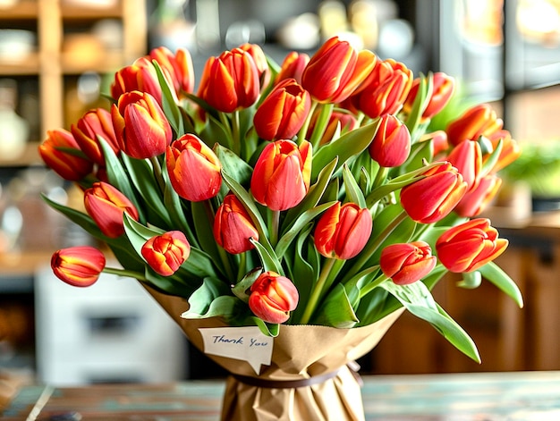 Foto bouquet von roten tulpen auf dem tisch in der hellen modernen küche verpackt in brauner papiernotiz mit dem