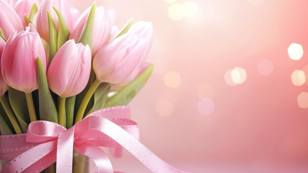 Bouquet von schönen Tulpen mit einem rosa Band auf einem rosa Hintergrund mit Bokeh Frühlingsblumenbanner