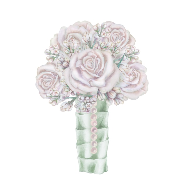 Bouquets de aquarelas de rosas brancas folhas verdes eucalipto lila em paleta pastel em estilo vintage