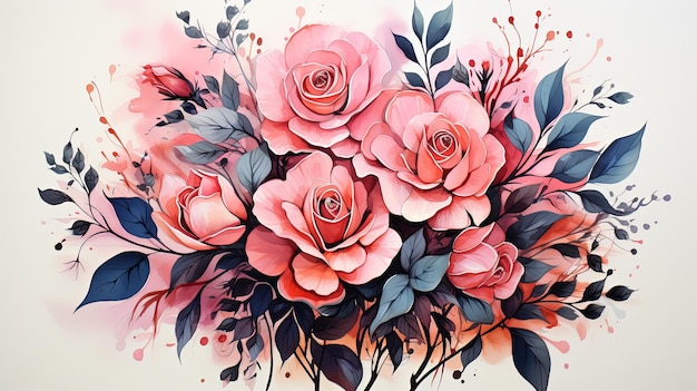Bouquets de flores à aquarela ilustração clipart e galho floral de rosa com folhas verdes para cartão de saudação ou cartão de convite de casamento em fundo branco