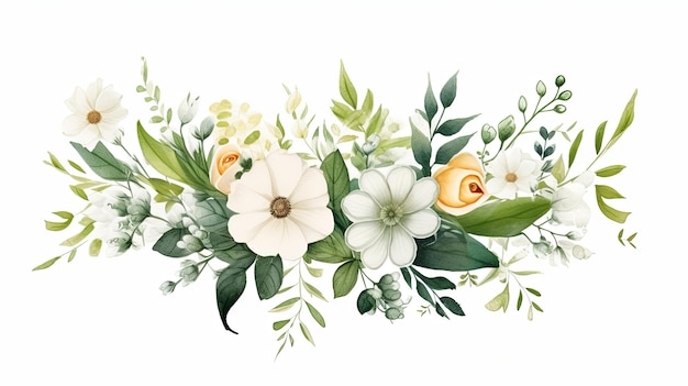 Bouquets de flores a aquarela ilustração clipart e ramo floral de primavera com decoração de folhas verdes em fundo branco