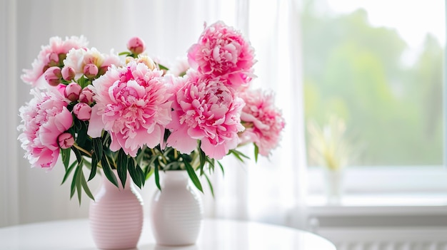 Bouquets frescos de flores de peônias cor-de-rosa em vasos em mesa branca com uma luz Generative Ai