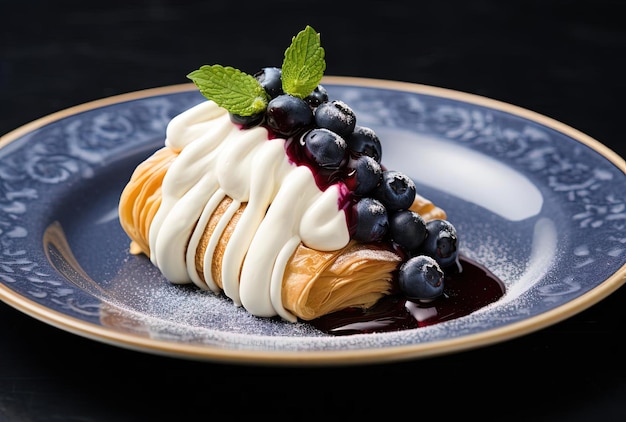 bourbon y pasteles de arándano en un plato con crema en el estilo de envuelto