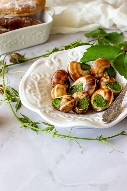 Bourguignonne, caracol, com, limão marble, superfície, francês, cozinha