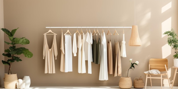 Una boutique espaciosa muestra ropa contemporánea en un ambiente elegante y minimalista.