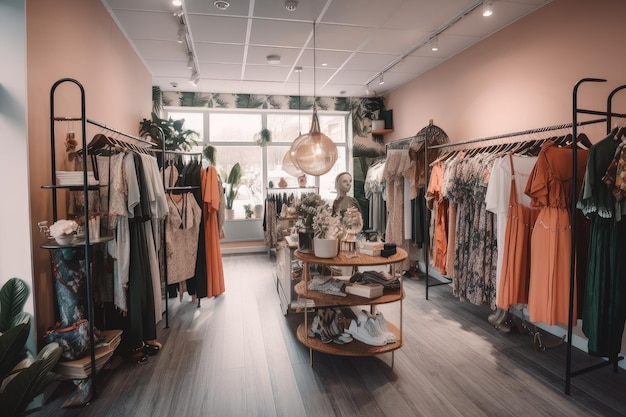 Boutique de moda rápida con estantes de ropa y accesorios para que los clientes elijan