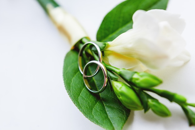 Boutonniere mit Paar goldenen Eheringen liegen auf einer glatten weißen Oberfläche.