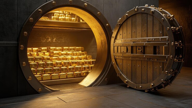 Una bóveda con barras de oro en el interior y una puerta abierta