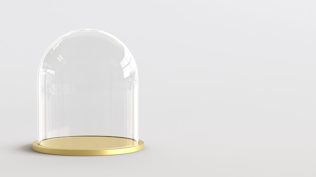 Bóveda de cristal con la bandeja de oro en el fondo blanco. Representación 3D