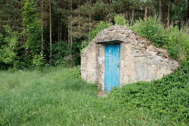 Bóveda de la granja con fachada de puerta de madera azul