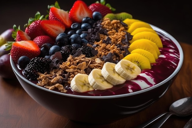 Bowl de acai con sirope de frutas y chocolate generativa IA