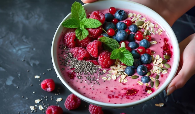 Bowl com smoothie de frutas e sementes em um fundo escuro O conceito de alimentação saudável