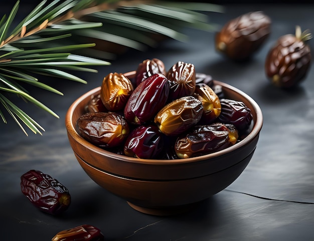 Bowl de deliciosas palmeiras frutas em fundo cinza para Iftar Ramadan Kareem fundo islâmico Copiar espaço