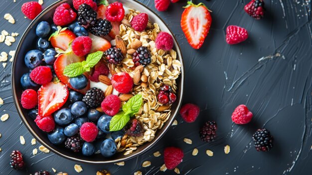 Foto bowl de granola com bagas e framboesas