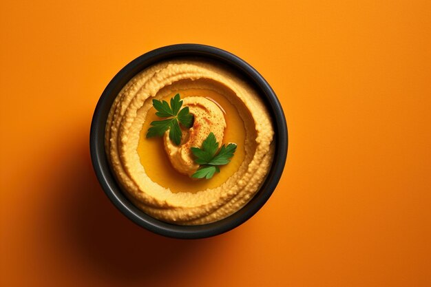 Bowl de hummus com salsa em fundo laranja vista superior