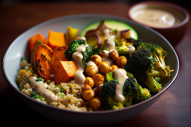 Un bowl de quinoa con un aderezo cremoso.