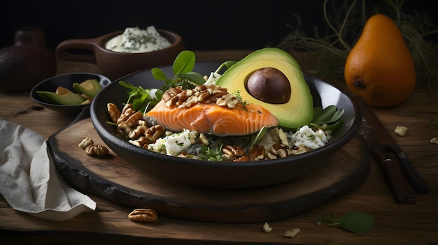 Un bowl de salmón con aguacate y arroz blanco