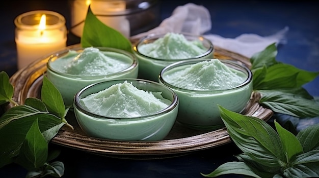 Foto bowl_with_sea_salt_green_leaves_bottles_with_cream_for