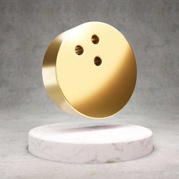 Bowling-Kugel-Symbol. Goldglänzendes Bowling-Kugelsymbol auf weißem Marmorpodium. Modernes Symbol für Website, Social Media, Präsentation, Designvorlagenelement. 3D-Rendering.