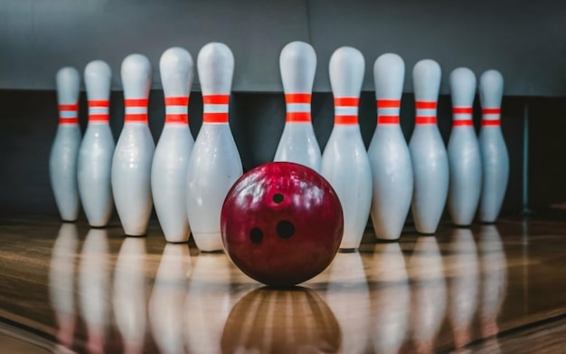 Bowling-Pins mit einem Ball vorne aufgereiht