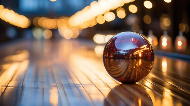 Bowlingball ruht auf einer Spur unter weichen verschwommenen Lichtern.