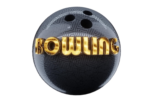 Bowlingkugel auf weißem Hintergrund und die Aufschrift Bowling 3D-Darstellung 3D-Rendering