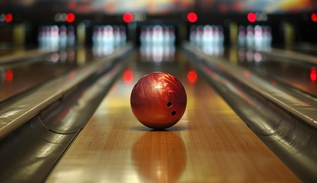 Bowlingkugel vor einem Kegel mit vielen anderen Bowlingkugeln