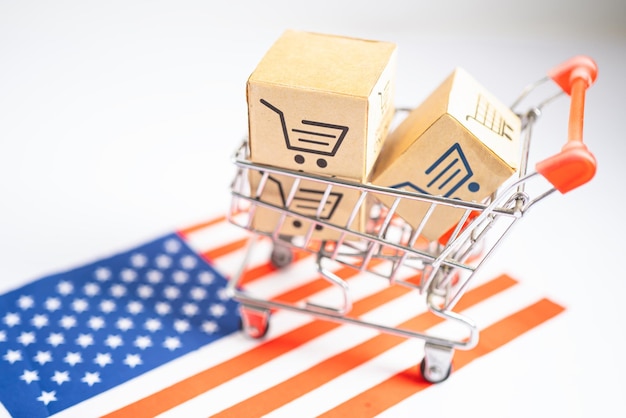 Box mit Online-Einkaufswagen-Logo und USA-Flagge Import Export Online-Einkauf