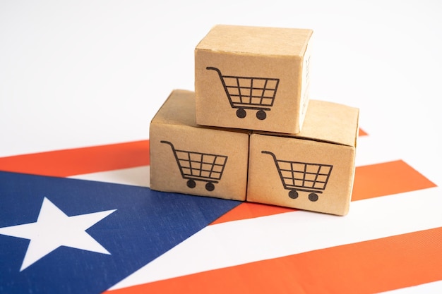 Box mit Online-Shopping-Warenkorb-Logo und Puerto-Rico-Flagge Import Export Shopping Online- oder Handelsfinanzierung Lieferservice Store Produkt Versand Handelslieferant Konzept