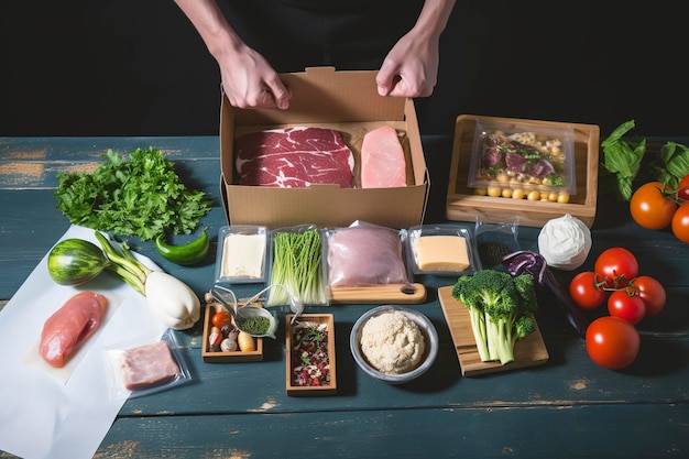 Box mit verpacktem Fleisch und Gemüse im Küchen-Hintergrund Lebensmittellieferungen während der Coronavirus-Pandemie und der sozialen Distanzierung Online-Shopping Abendessenlieferung generiert ai
