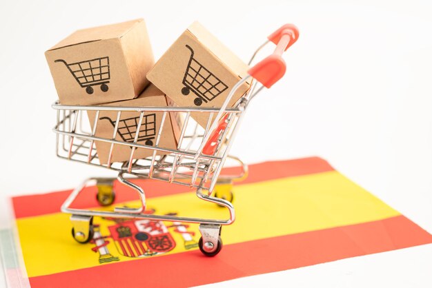 Box mit Warenkorb-Logo und Spanien-Flagge, Import-Export-Shopping online oder E-Commerce-Finanz-Lieferservice-Shop Produktversand, Handel, Lieferantenkonzept.
