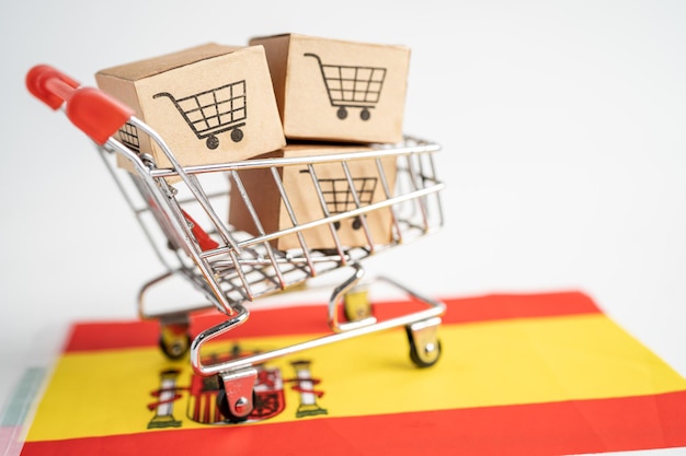 Box mit Warenkorb-Logo und Spanien-Flagge Import Export Shopping online oder eCommerce Finance Delivery Service Store Produkt Versand Handelslieferant Konzept