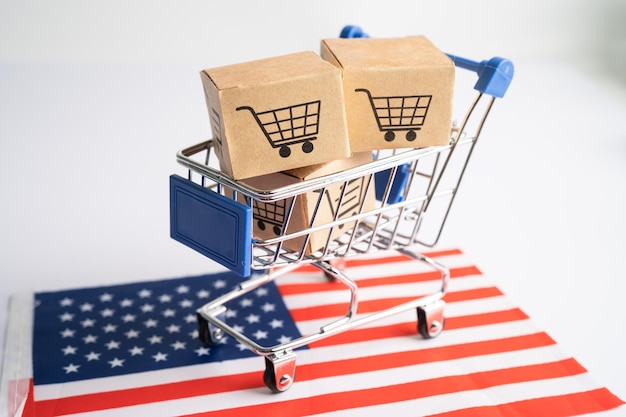 Foto box mit warenkorb-logo und usa-amerika-flagge import export online- oder e-commerce-finanzlieferservice store produktversand handelslieferantenkonzept