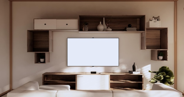 Box Wall Cabinet Regale auf Wohnzimmersofa im japanischen Stil und Dekorationslampe und Pflanzen auf weißem Zen-Room3D-Rendering