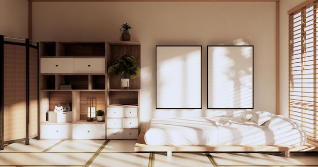 Box-Wandregale im Schlafzimmer im japanischen Stil Tatami-Matte und Dekorationslampe und Pflanzen auf weißem Zen-Room3D-Rendering